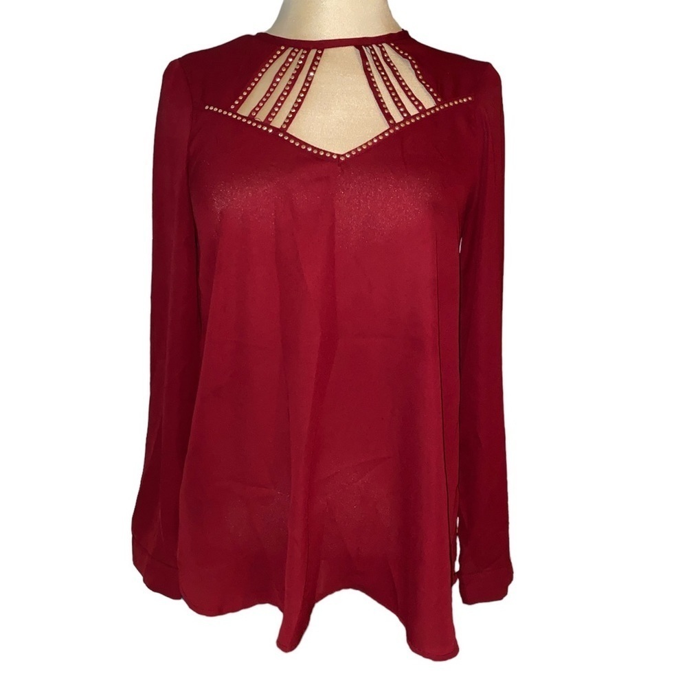 BKE Boutique blouse sheer look long sleeve cut out opening in front size XS
